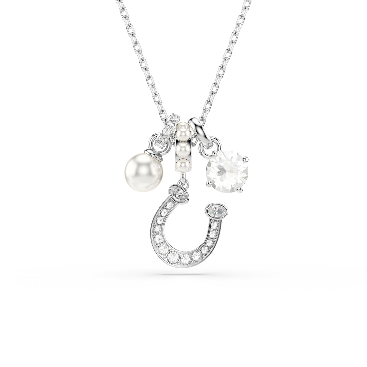 Crystal pearl, Round cut, Pavé, Horseshoe, White, Rhodium plated