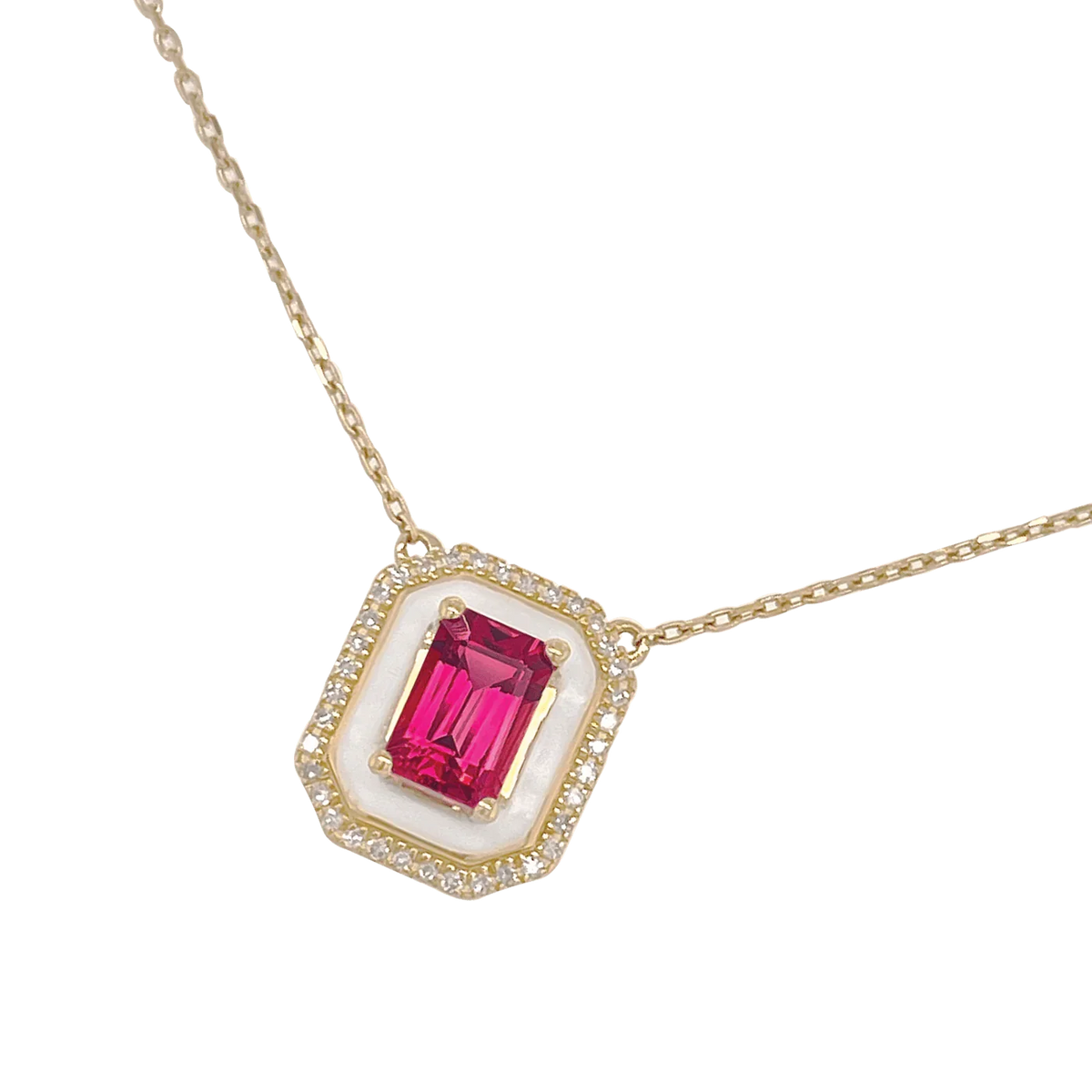 9ct Rhodolite Garnet With White Enamel & Diamond Necklace