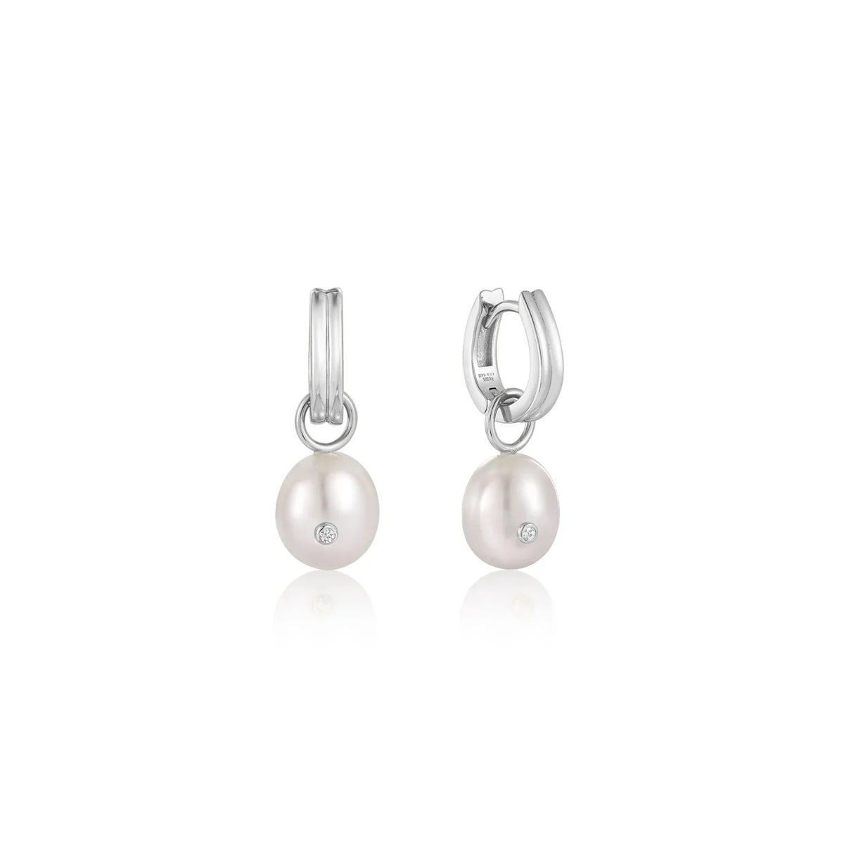 Ania Haie Silver Pearl Drop Sparkle Huggie Hoop Earrings