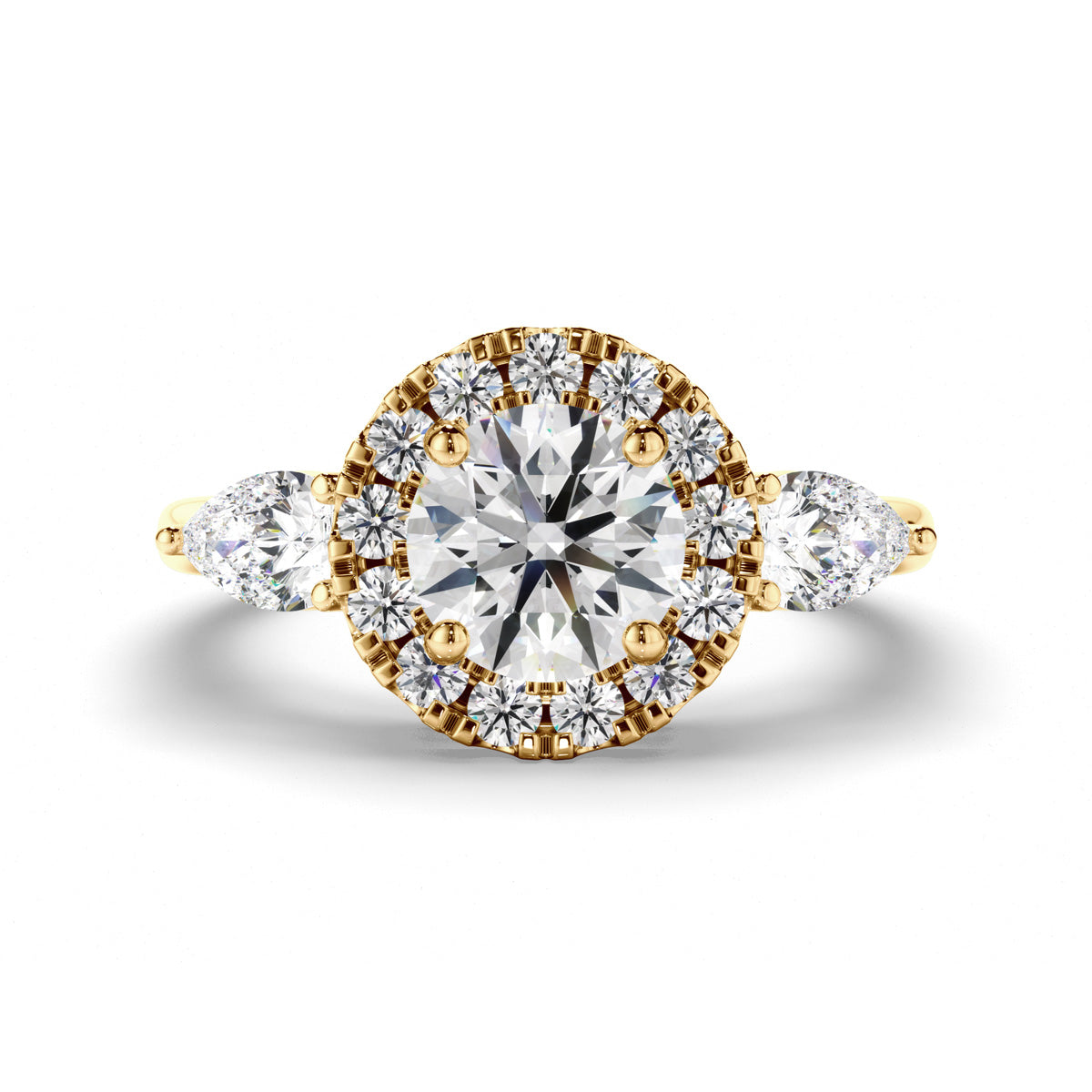 Round Brilliant Cut Diamond Halo Trilogy Engagement Ring with Pear Sides