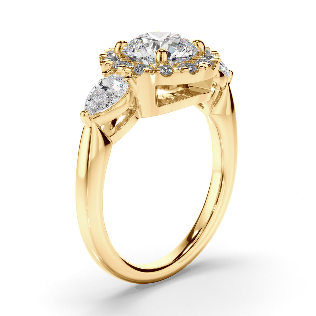 Round Brilliant Cut Diamond Halo Trilogy Engagement Ring with Pear Sides