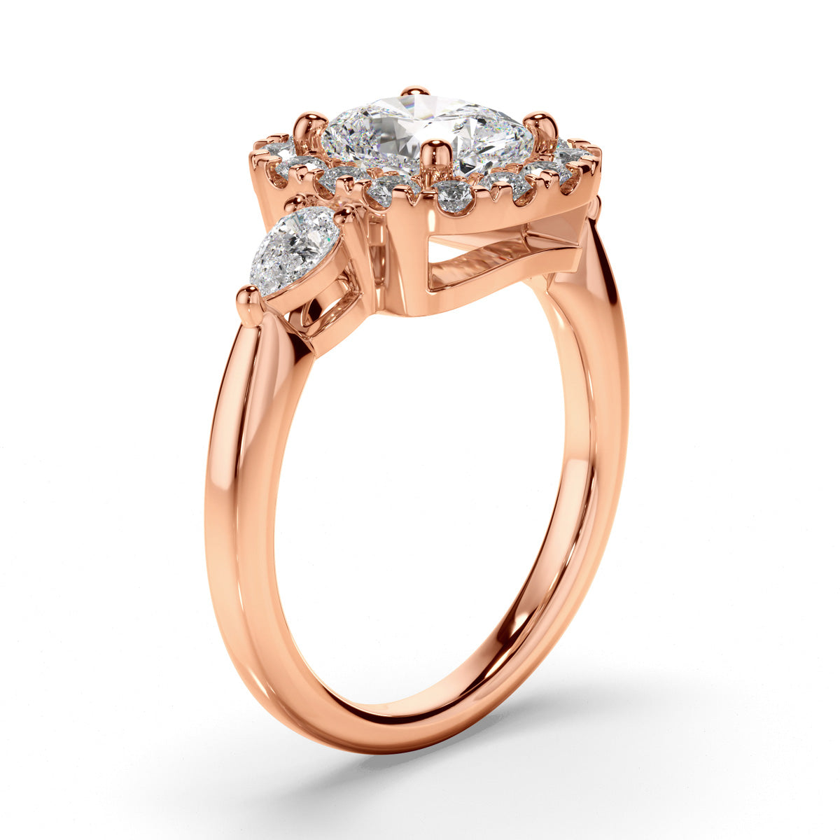 Cushion Cut Diamond Halo Trilogy Engagement Ring with Pear Sides