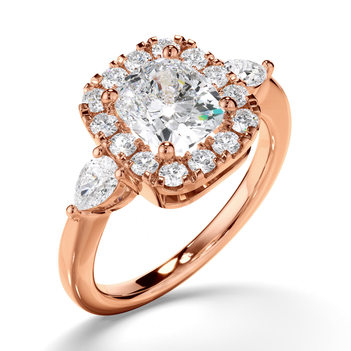Cushion Cut Diamond Halo Trilogy Engagement Ring with Pear Sides