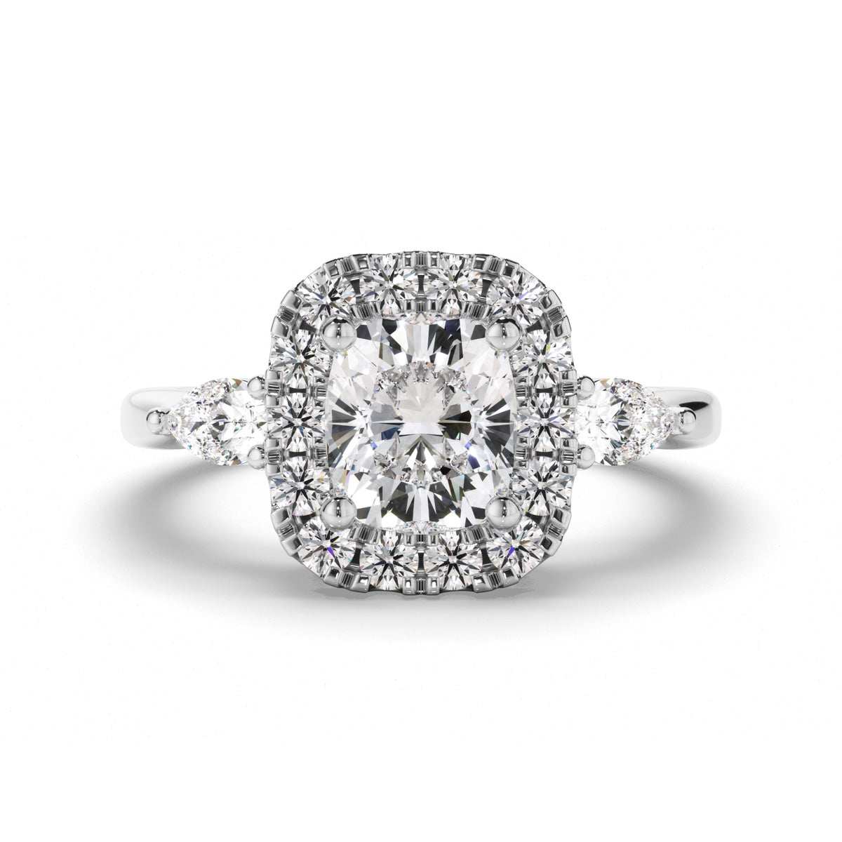 Cushion Cut Diamond Halo Trilogy Engagement Ring with Pear Sides