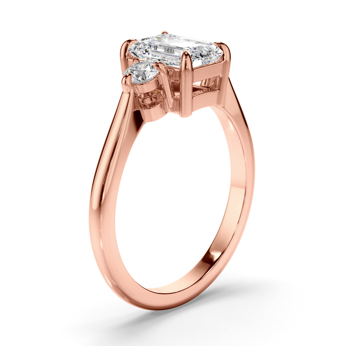 Emerald Cut Diamond Trilogy Engagement Ring with Round Brilliant Sides