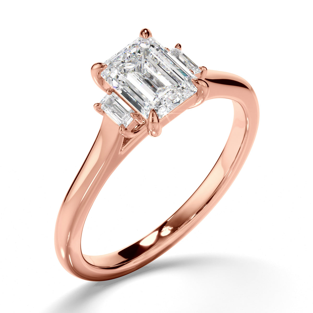 Emerald Cut Diamond Trilogy Engagement Ring with Baguette Sides