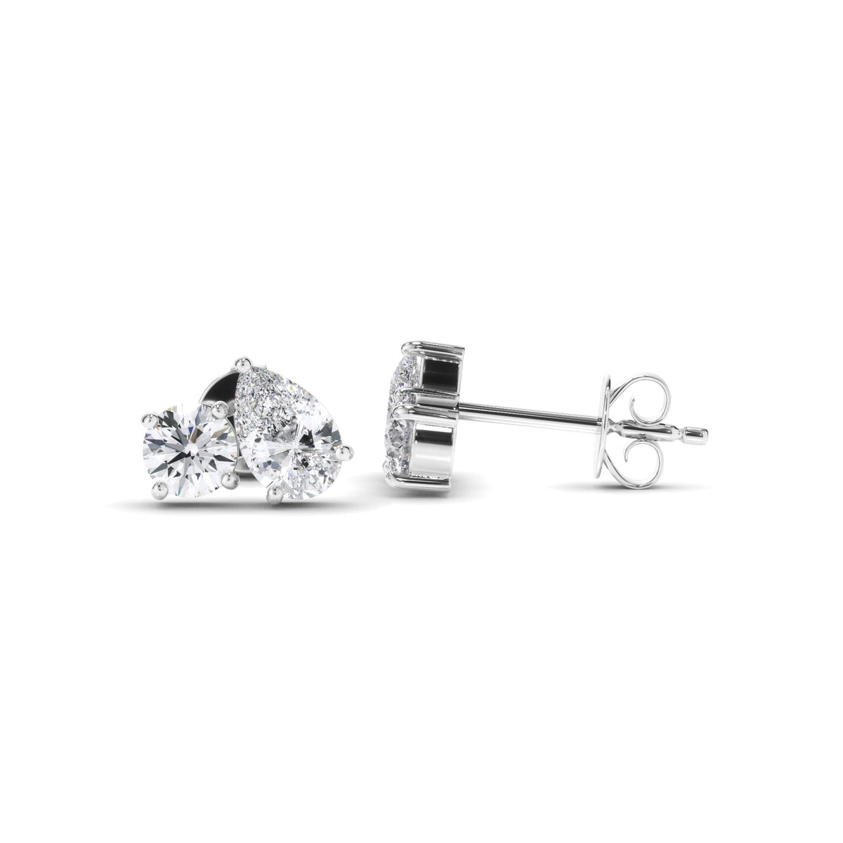 Pear & Round Brilliant Cut Diamond Toi et Moi Stud Earrings
