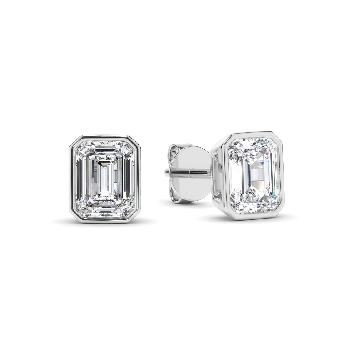 Emerald Cut Diamond Bezel Set Stud Earrings