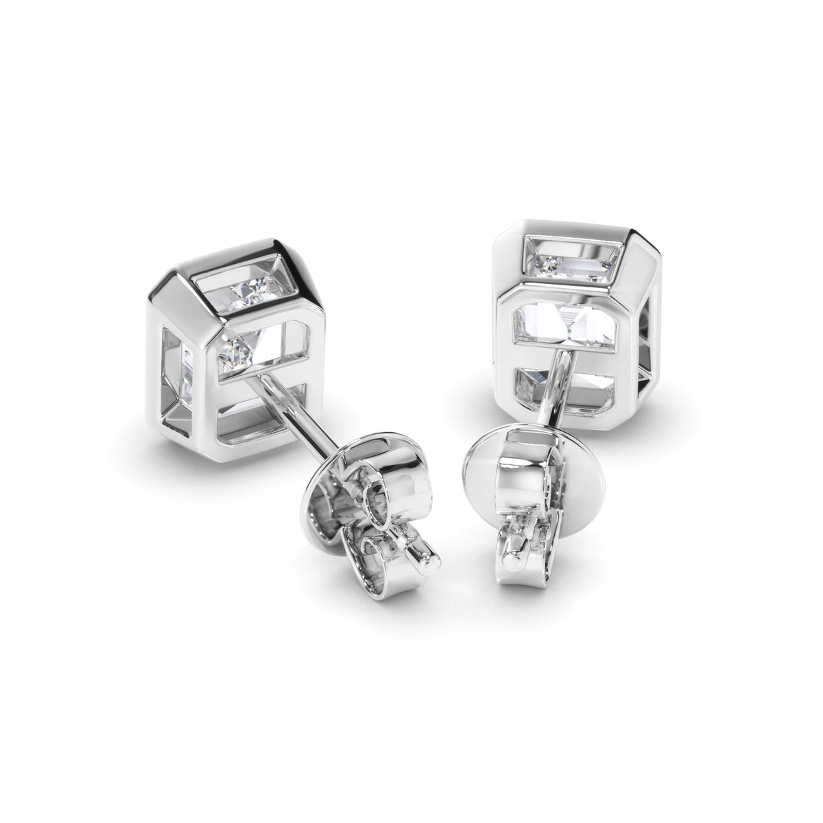 Emerald Cut Diamond Bezel Set Stud Earrings