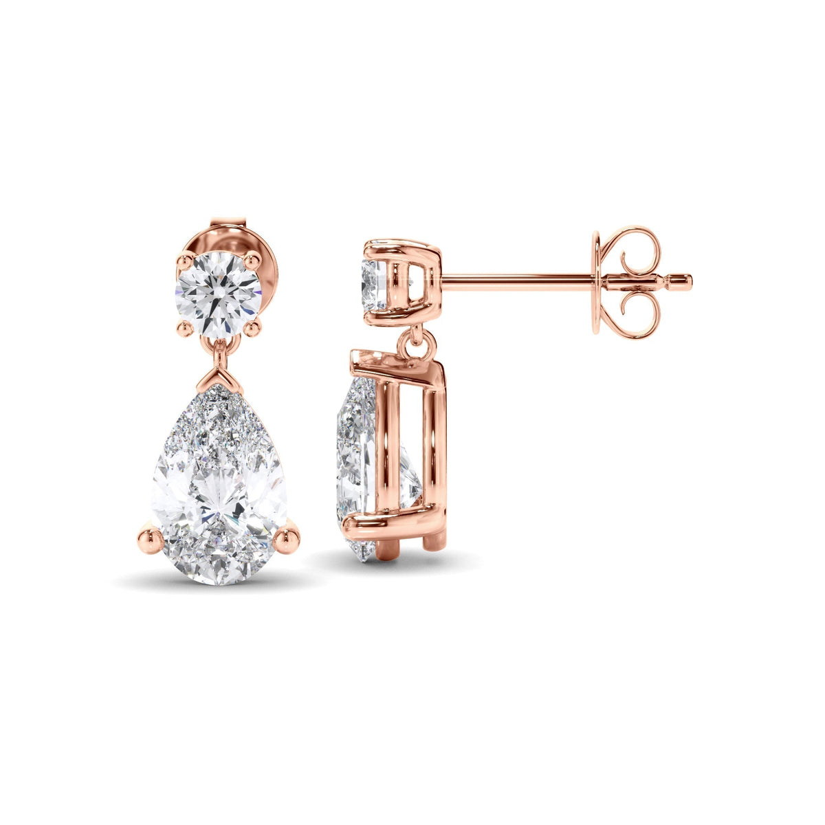 Pear & Round Brilliant Cut Diamond Drop Stud Earrings
