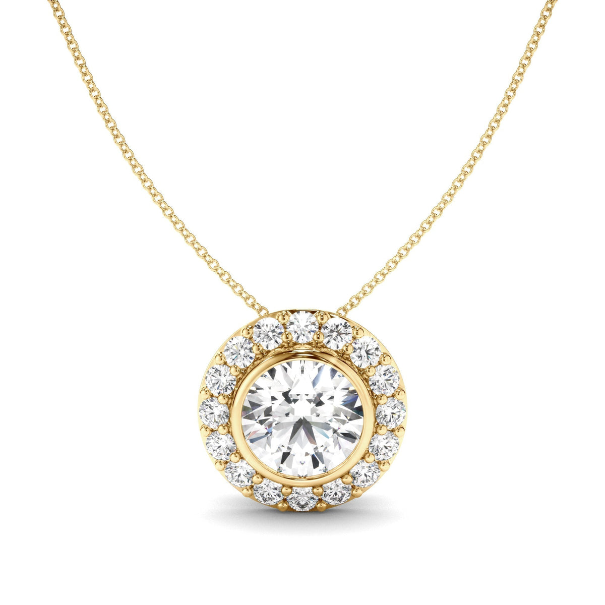 Round Brilliant Cut Diamond Bezel Set Halo Necklet