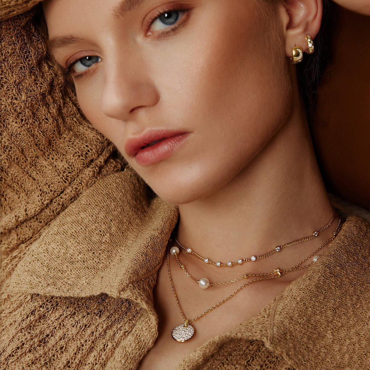 Gold Multi Station Round Stone Chain Necklace