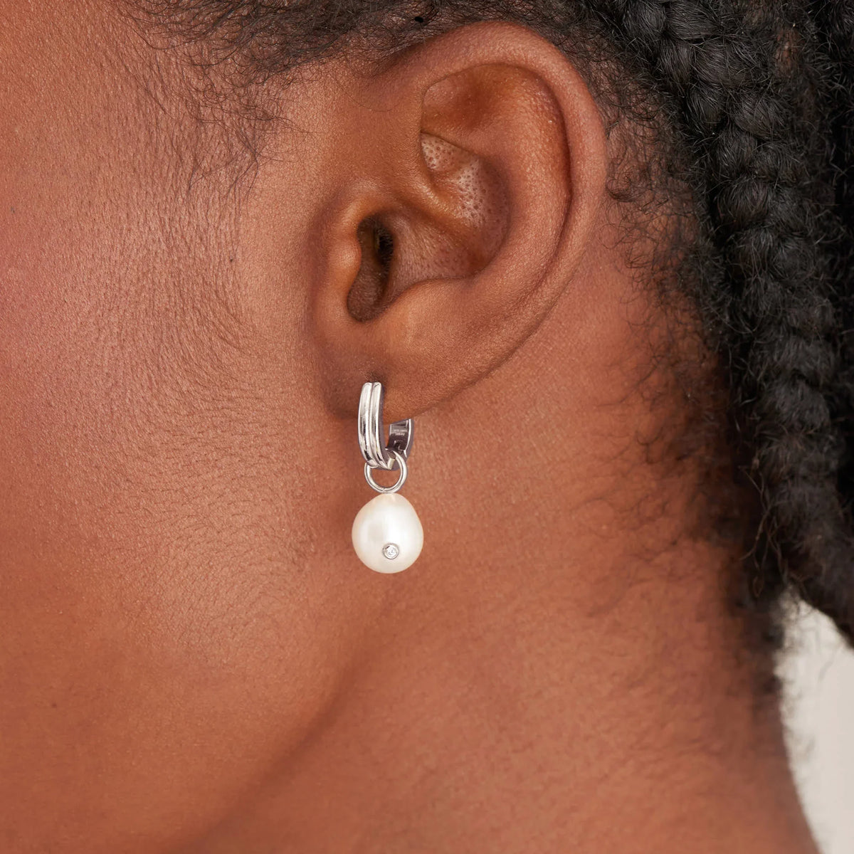 Ania Haie Silver Pearl Drop Sparkle Huggie Hoop Earrings