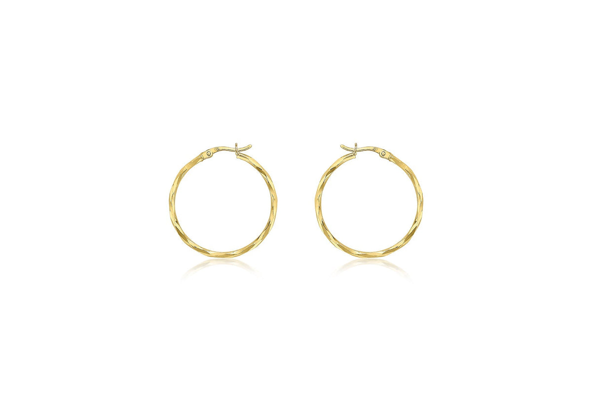 9ct Yellow Gold Diamond Cut Hoop Earrings 28mm