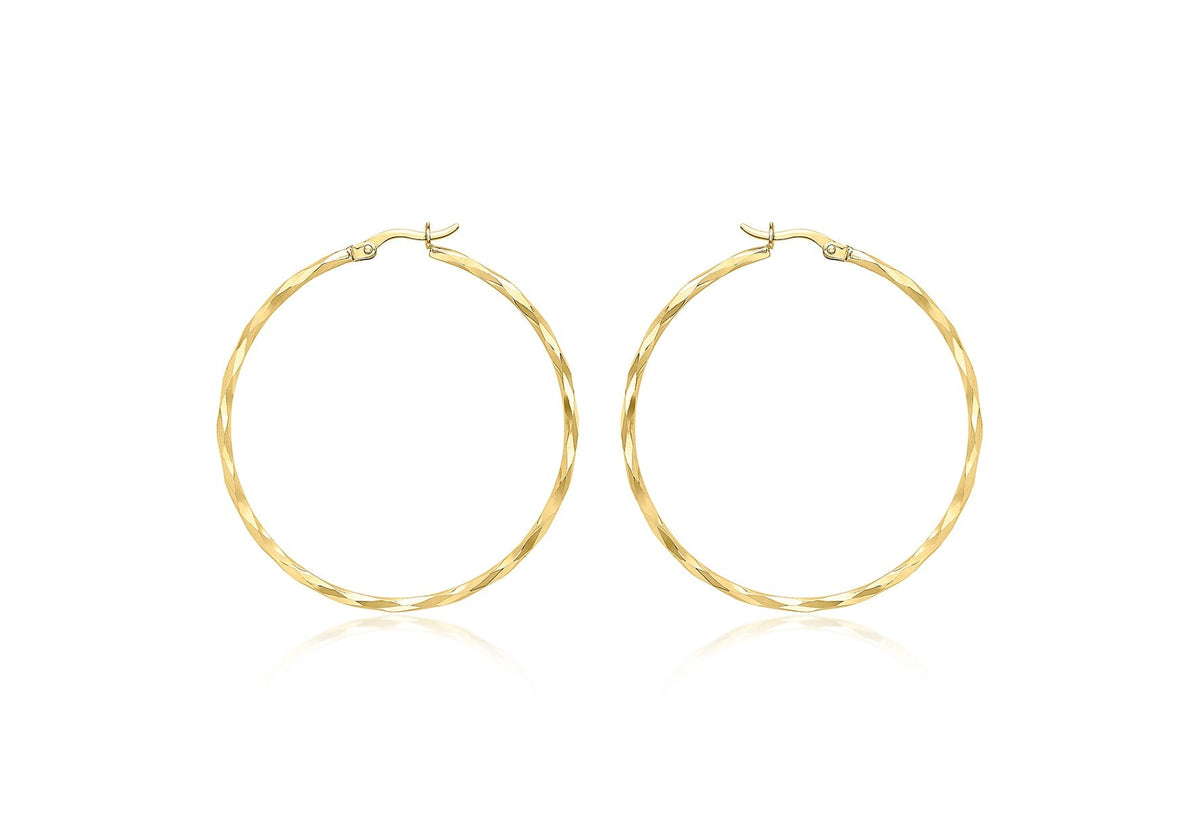 9ct Yellow Gold Diamond Cut Hoop Earrings 42mm