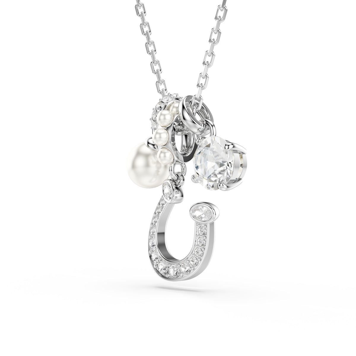Crystal pearl, Round cut, Pavé, Horseshoe, White, Rhodium plated