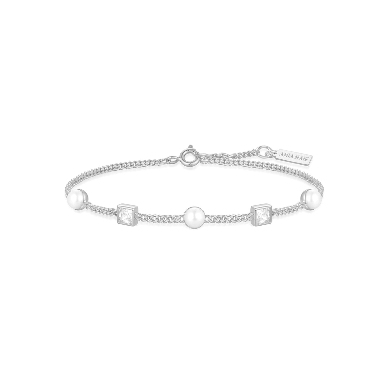 Ania Haie Silver Bezel-Set Cube and Pearl Station Bracelet