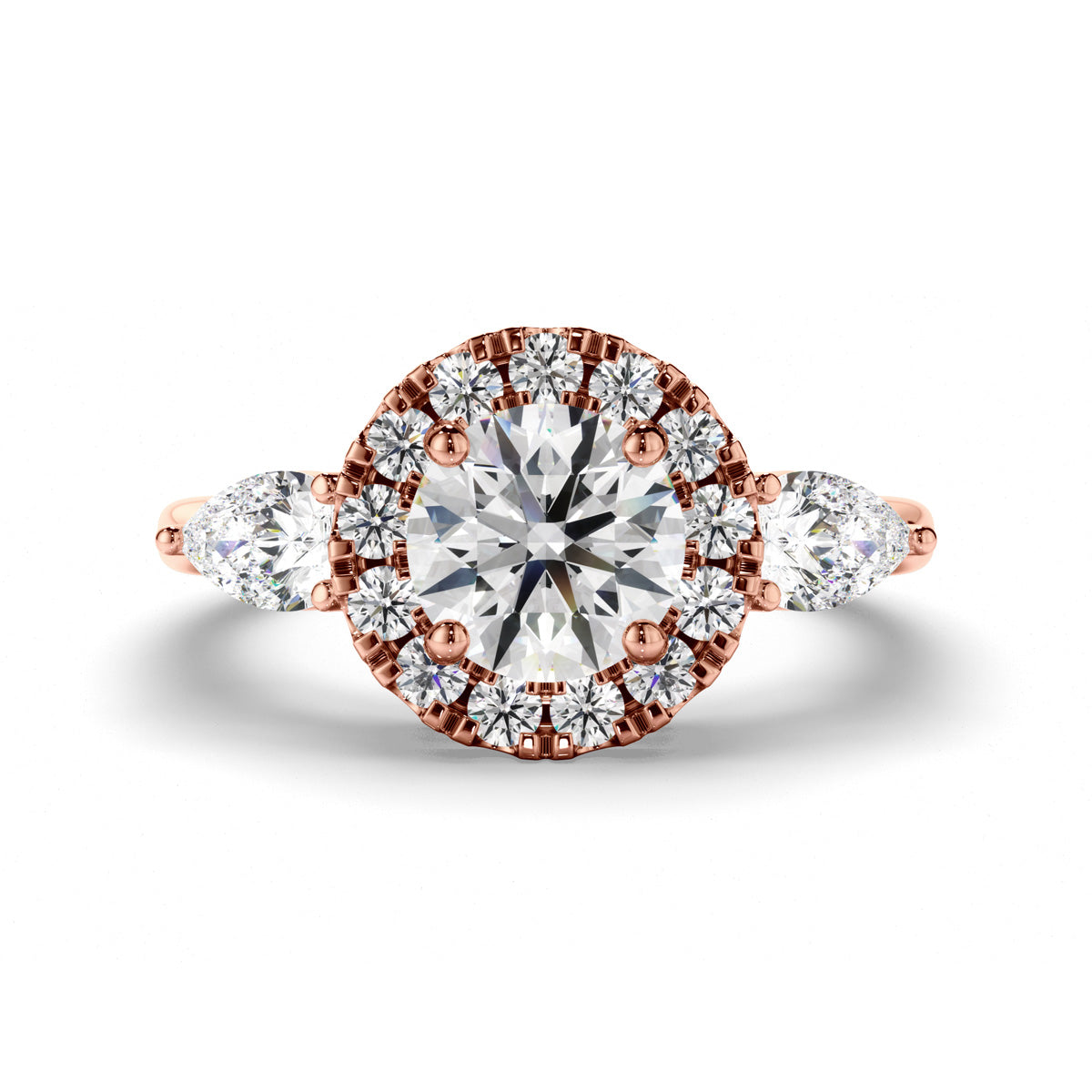 Round Brilliant Cut Diamond Halo Trilogy Engagement Ring with Pear Sides