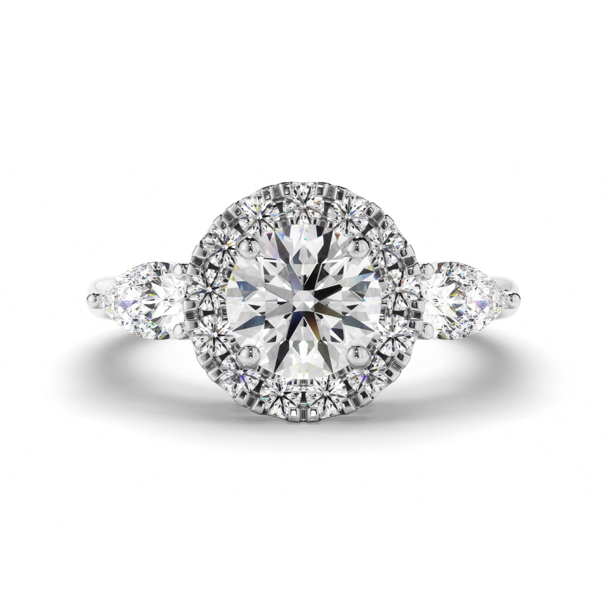 Round Brilliant Cut Diamond Halo Trilogy Engagement Ring with Pear Sides