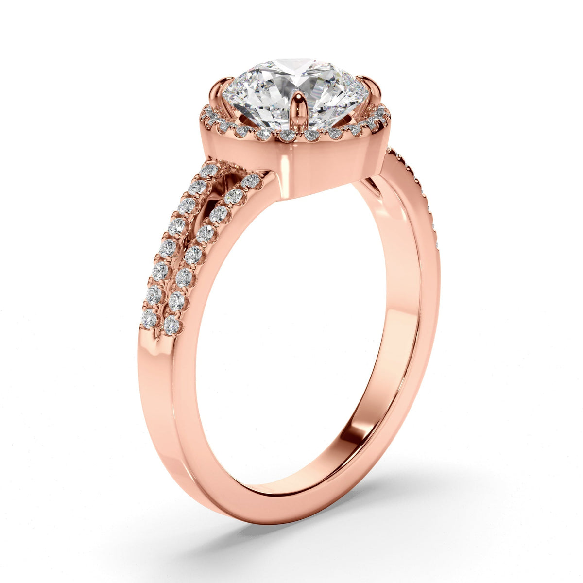 Round Brilliant Cut Diamond Halo Engagement Ring with Pave Sides