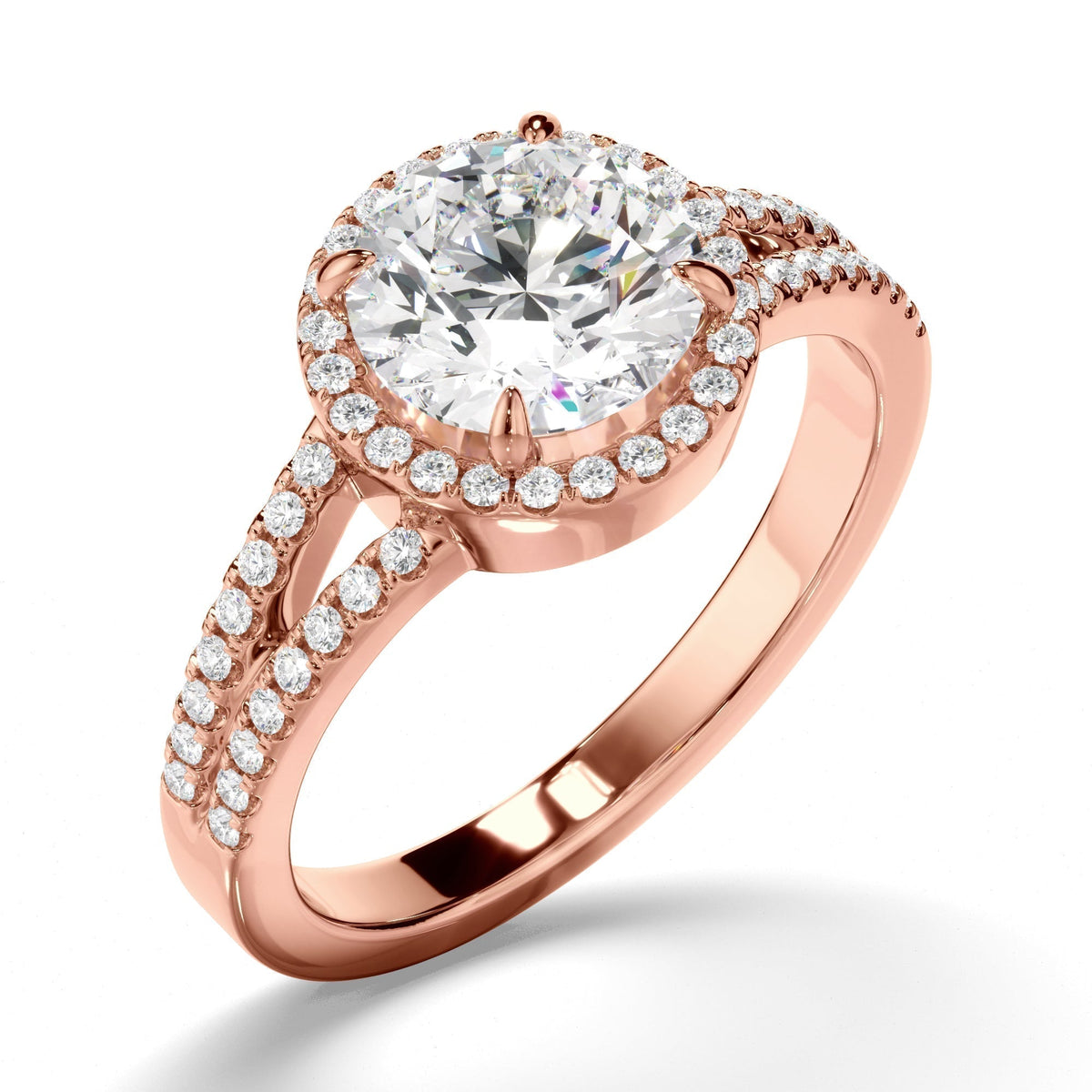 Round Brilliant Cut Diamond Halo Engagement Ring with Pave Sides