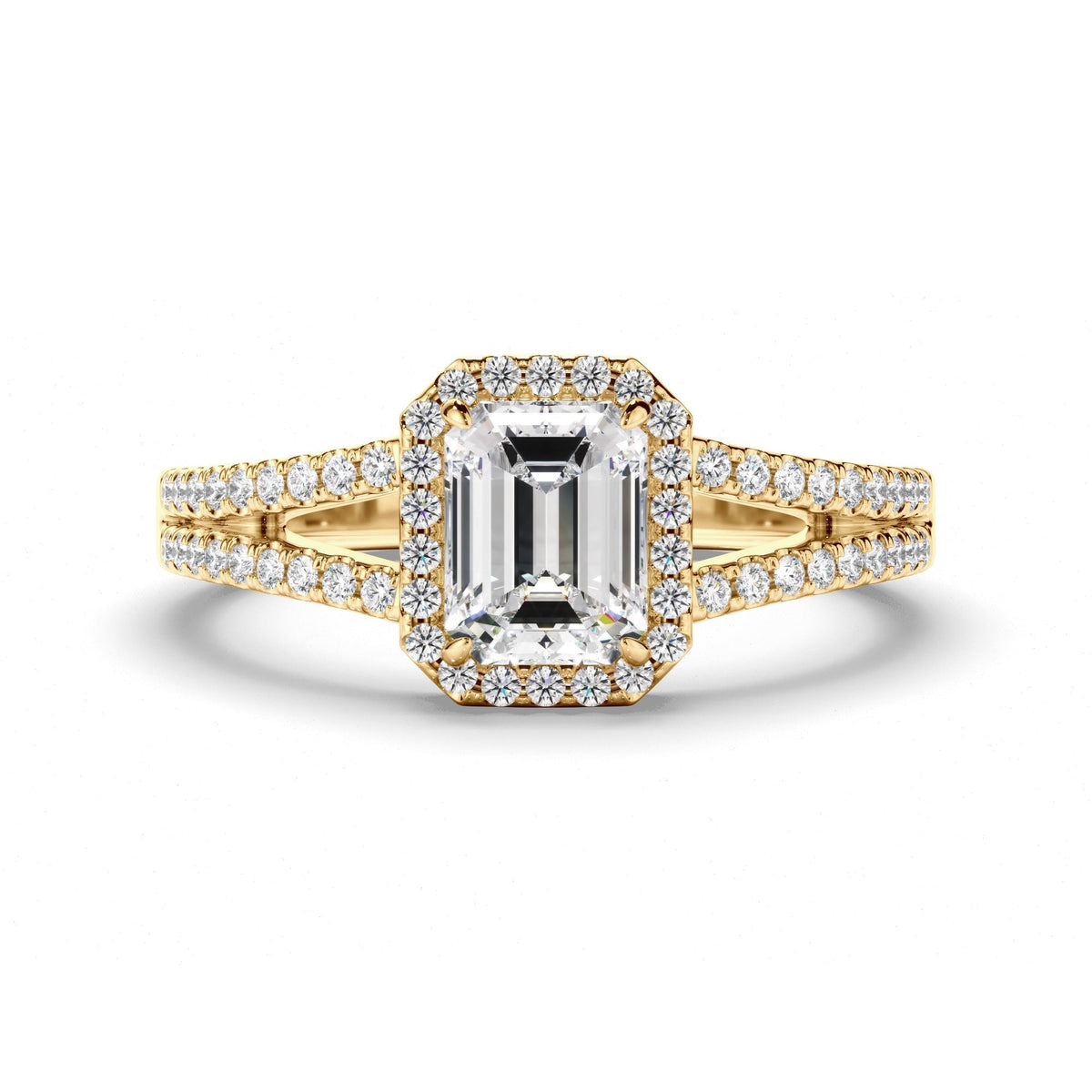 Emerald Cut Diamond Halo Engagement Ring with Pave Sides