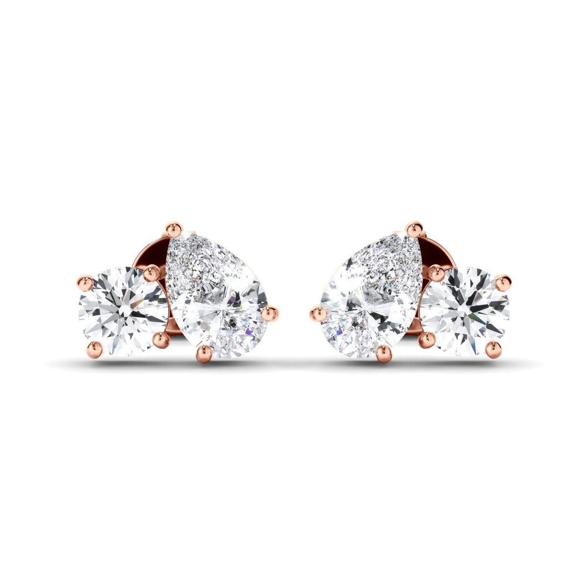 Pear & Round Brilliant Cut Diamond Toi et Moi Stud Earrings