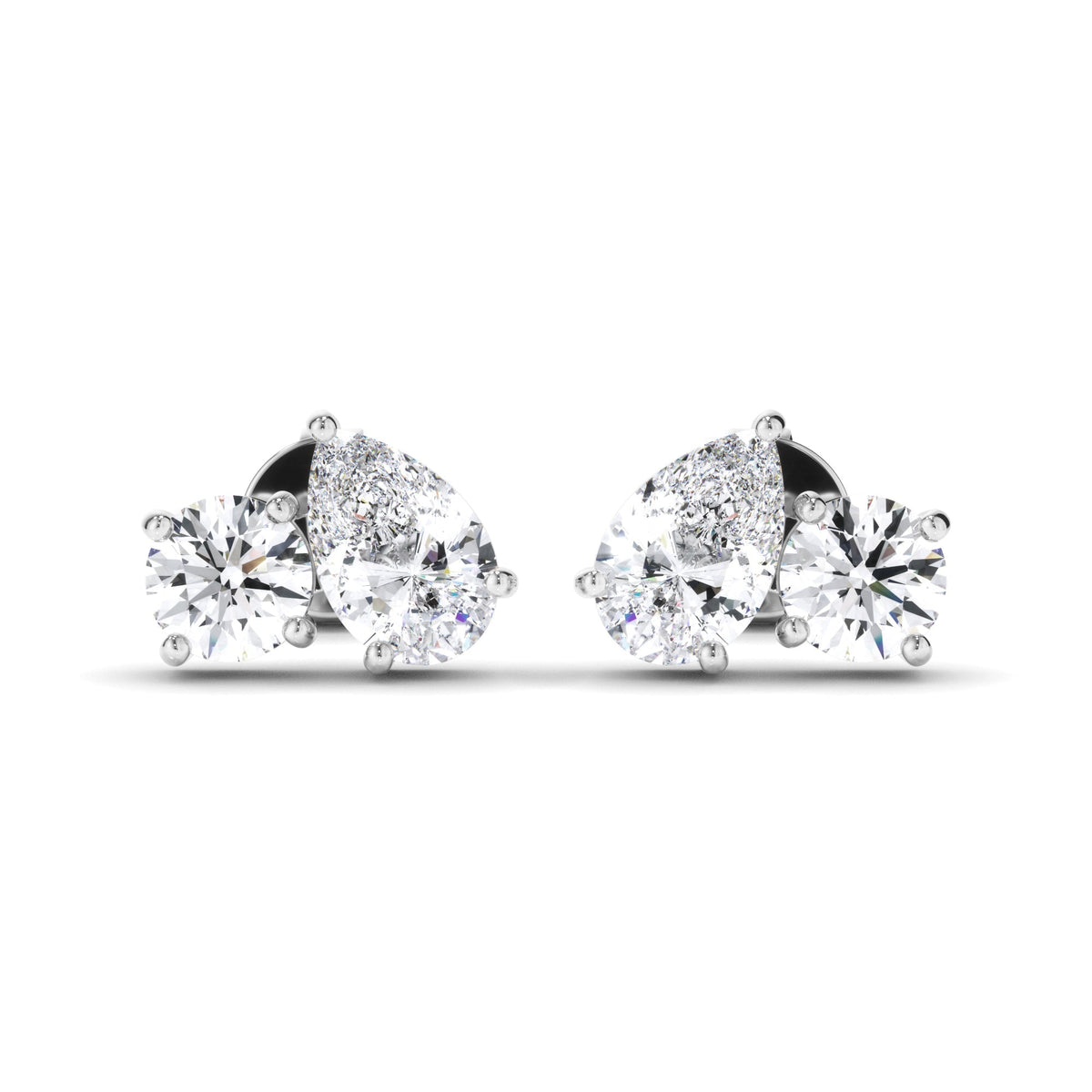 Pear & Round Brilliant Cut Diamond Toi et Moi Stud Earrings