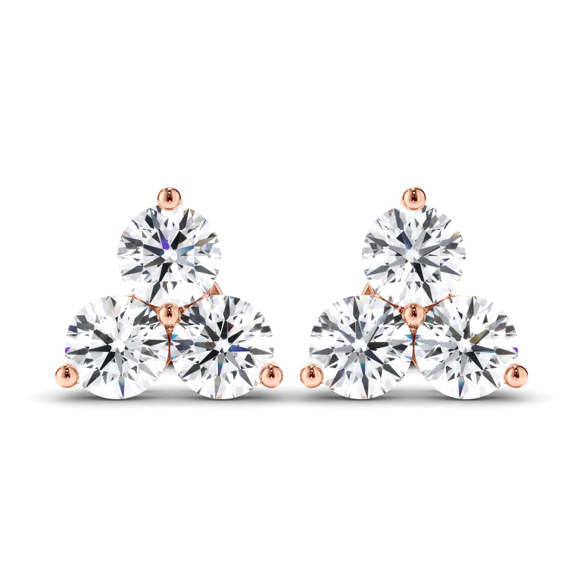 Round Brilliant Cut Diamond 3-Stone Stud Earrings