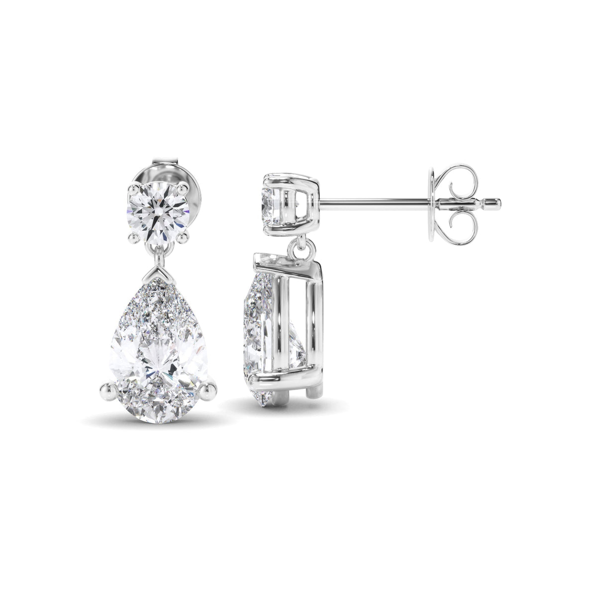 Pear & Round Brilliant Cut Diamond Drop Stud Earrings