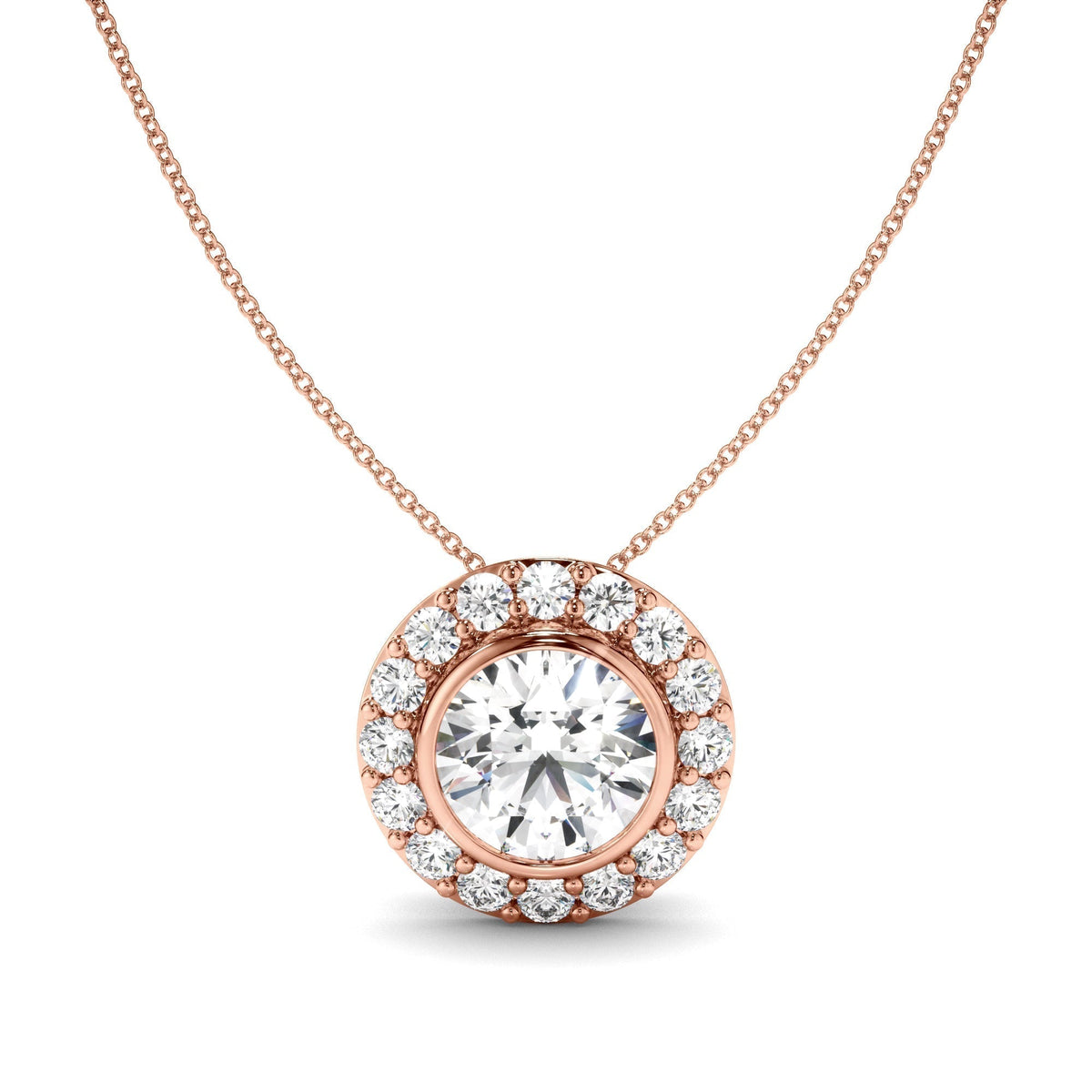 Round Brilliant Cut Diamond Bezel Set Halo Necklet