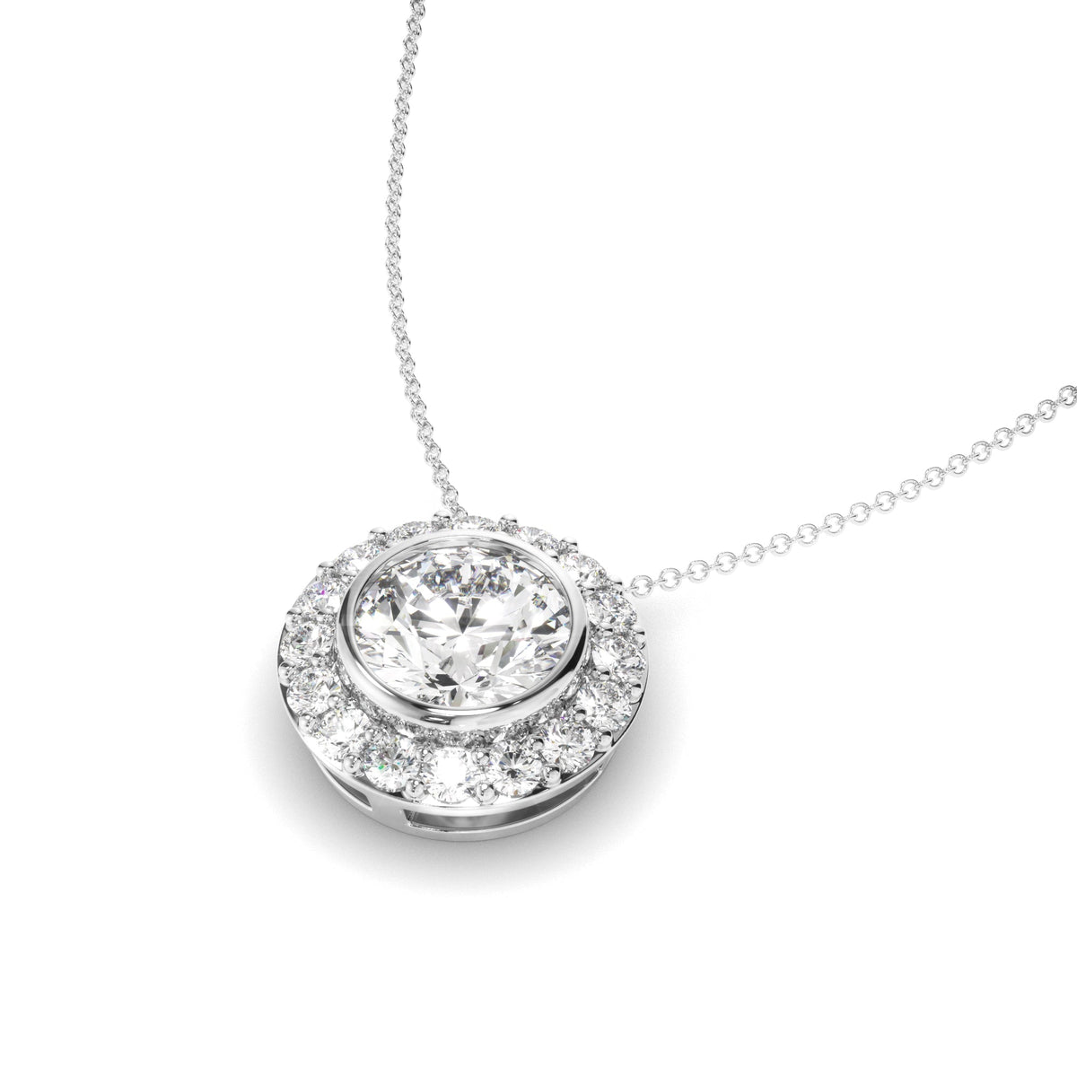 Round Brilliant Cut Diamond Bezel Set Halo Necklet