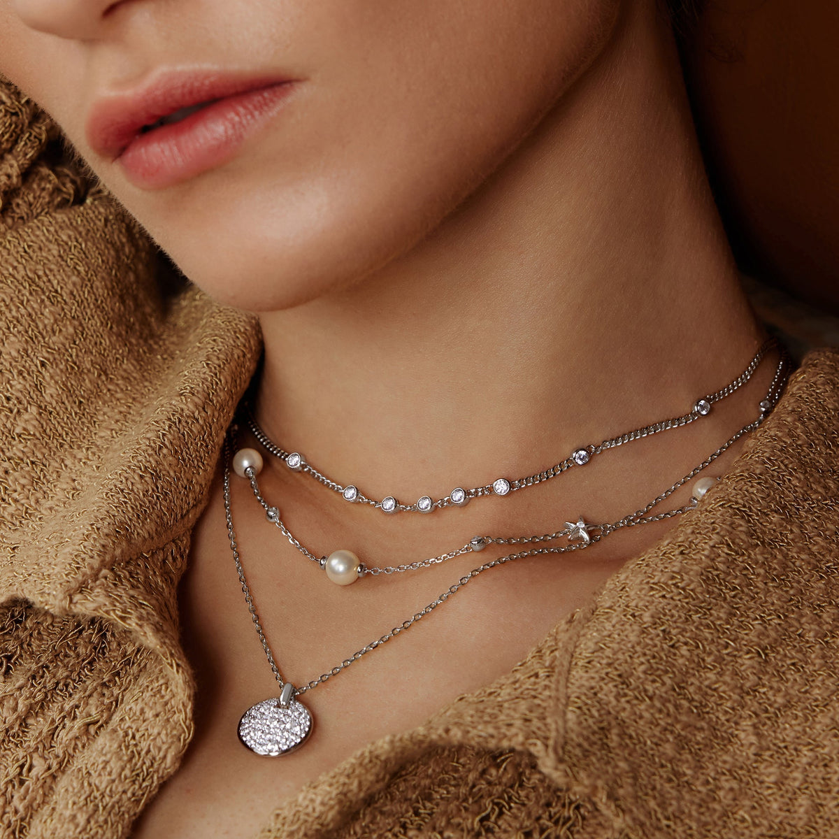 Silver Multi Station Round Stone Chain Necklace